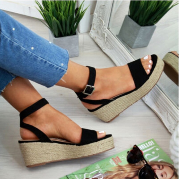 Shoes - (LAST PAIR) Black Wedge Espadrille Sandals